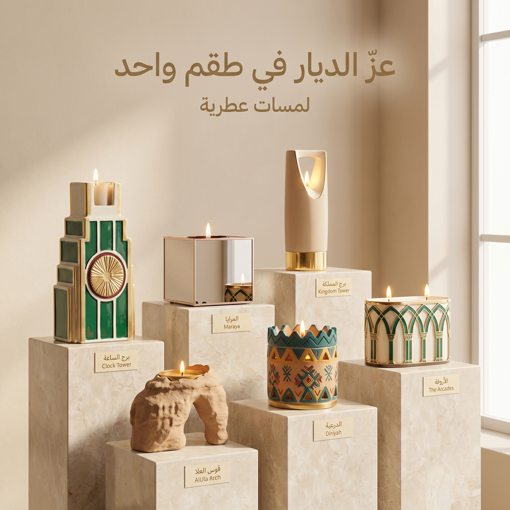 طقم عزّ الديار — ست شموع المعالم السعودية بأسمائها