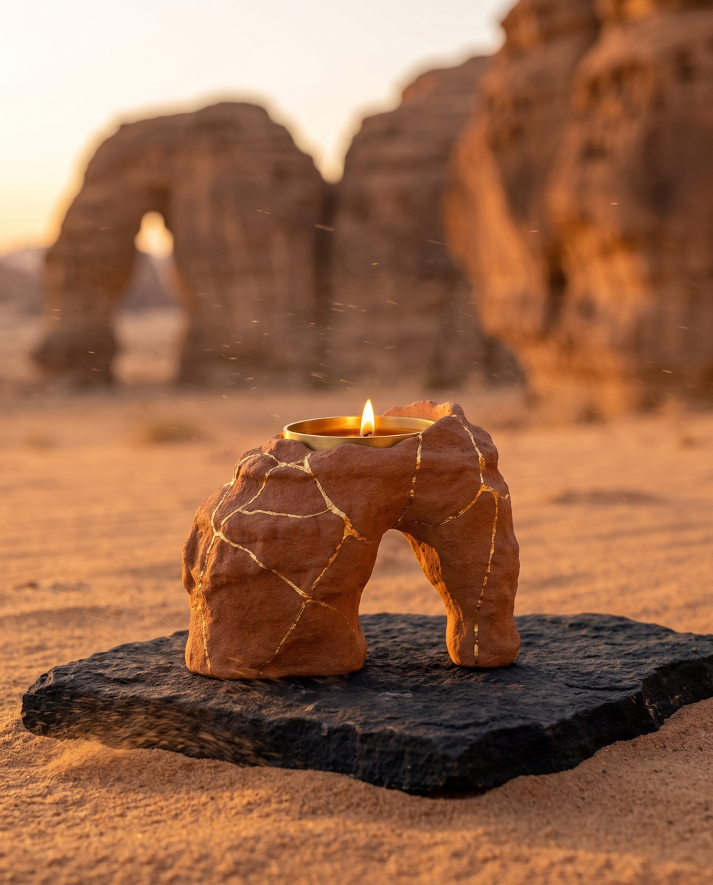 شمعة قوس العلا بعروقها الذهبية أمام صخور العلا